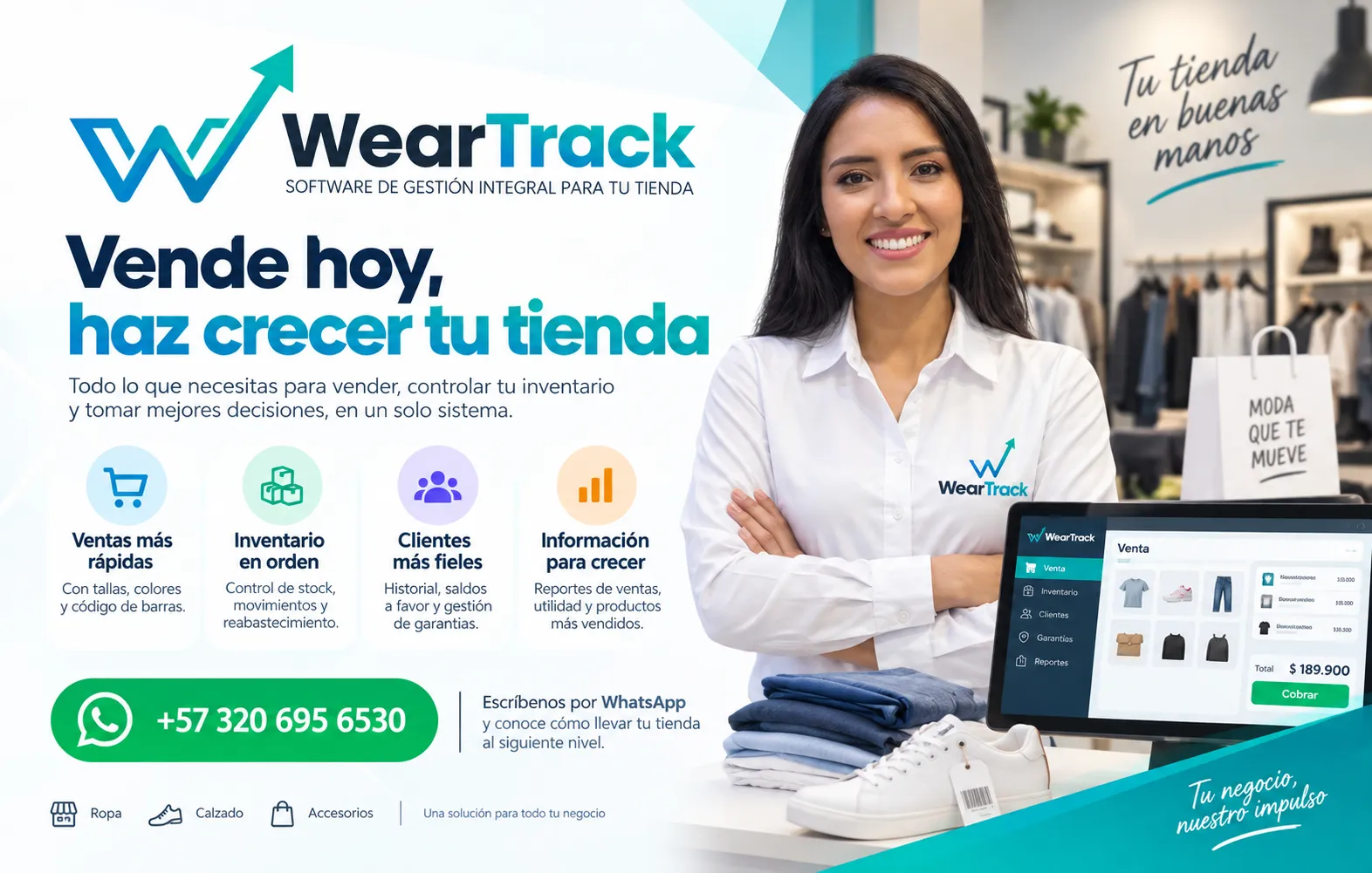 Folleto de WearTrack: vende hoy, haz crecer tu tienda. Ventas más rápidas, inventario en orden, clientes más fieles e información para crecer